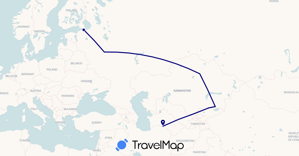 TravelMap itinerary: driving in Kyrgyzstan, Kazakhstan, Russia, Turkmenistan, Uzbekistan (Asia, Europe)