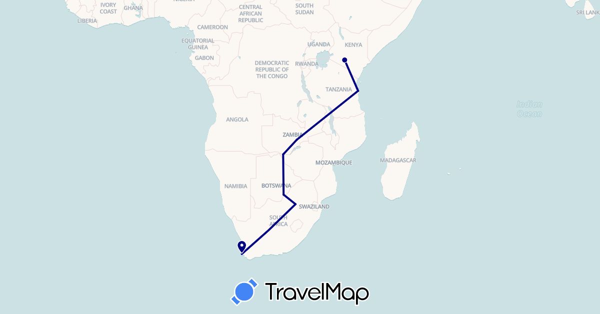 TravelMap itinerary: driving in Botswana, Kenya, Tanzania, South Africa, Zambia, Zimbabwe (Africa)